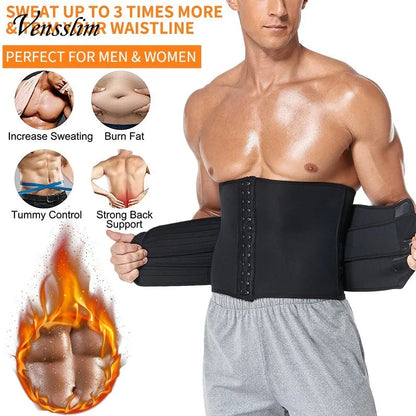 Black waist trainer for men designed for enhanced sweating and fat burning during workouts