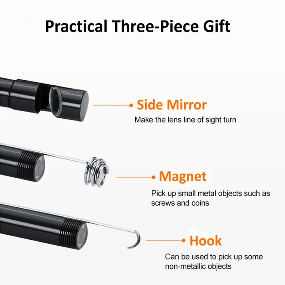 Three-piece gift set including a side mirror, magnet, and hook for use with waterproof endoscope camera